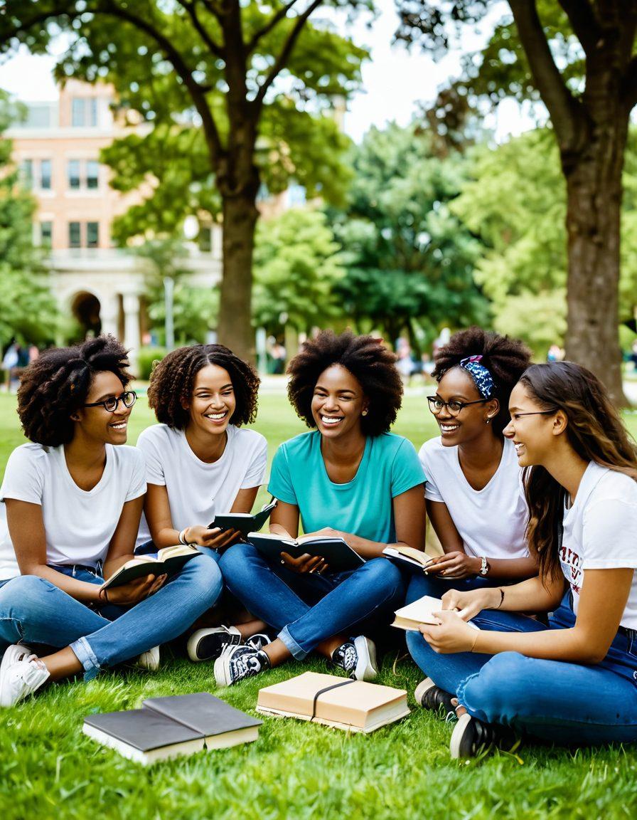 A diverse group of college students sitting together on a lush green campus lawn, sharing laughs and smiles while studying. They have books and laptops around them, symbolizing academia and relationships. Bright trees and a college building in the background showcase an inviting atmosphere. Include elements like coffee cups and friendship bracelets to emphasize connection and love. super-realistic. vibrant colors. natural setting.