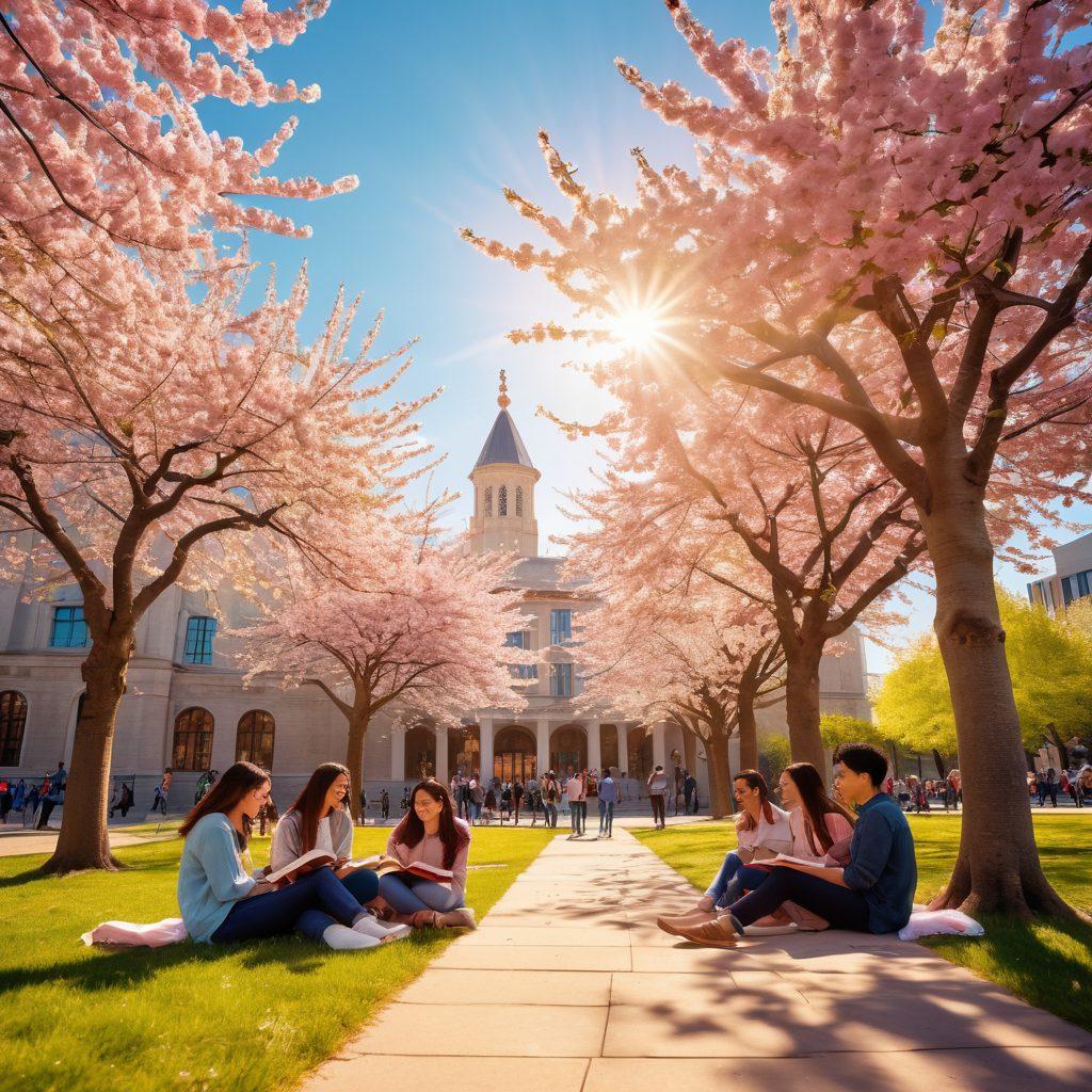 A vibrant campus scene depicting diverse college students joyfully interacting, sharing meaningful conversations under blooming cherry blossom trees. Include elements like books, coffee cups, and a backdrop of iconic college buildings, symbolizing growth and connection. Soft sunlight casts warm shadows, highlighting smiles and laughter, creating an atmosphere of camaraderie and emotional bonds. 3D effect. vibrant colors.